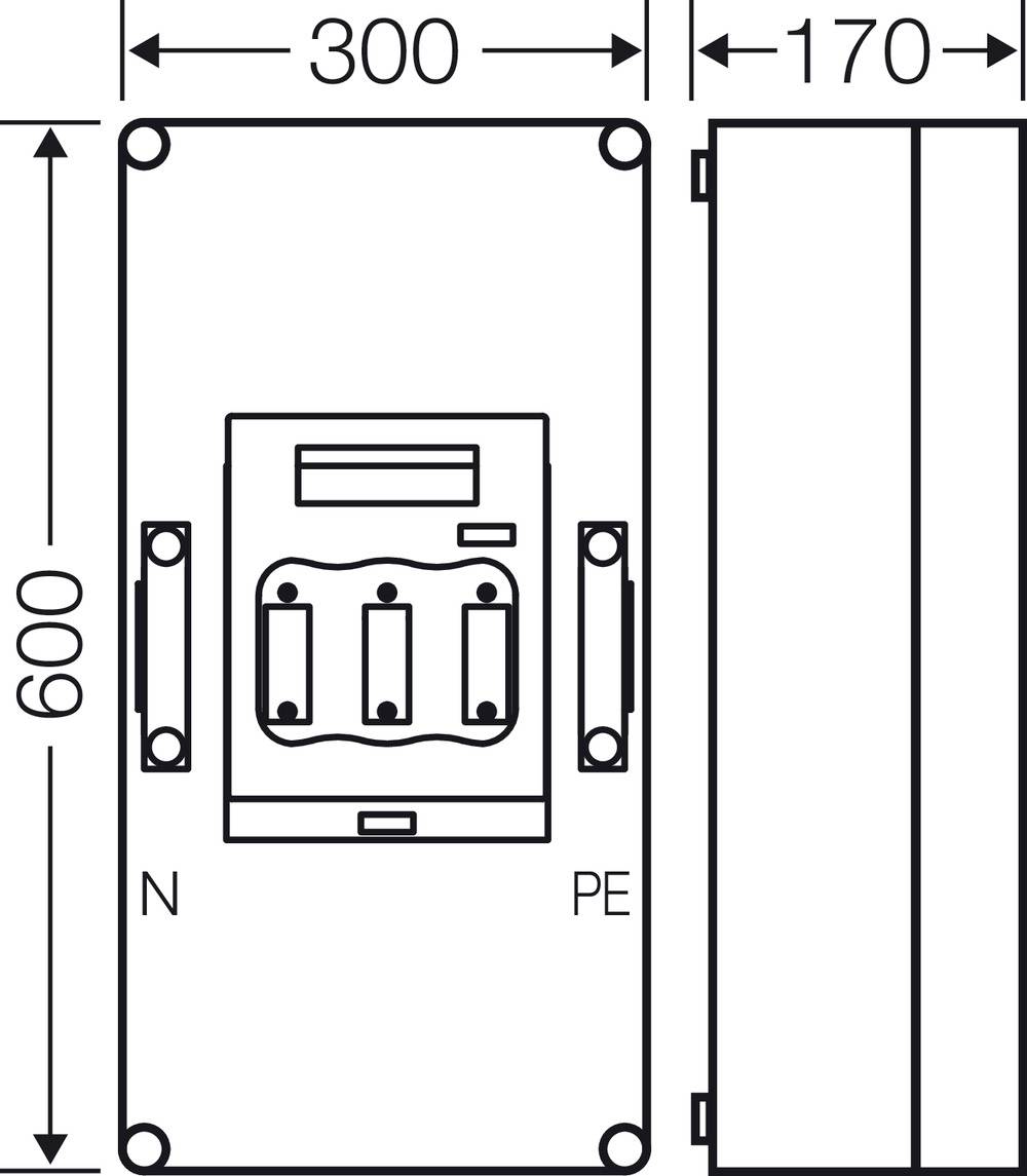 Technische Zeichnung eines elektrischen Schaltkastens mit Abmessungen: 600 mm Höhe, 300 mm Breite, 170 mm Tiefe. Anschlüsse 'N' und 'PE' gekennzeichnet.