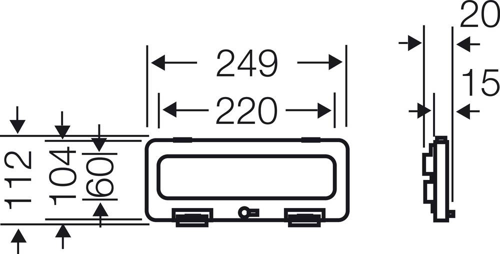 Technische Zeichnung einer rechteckigen Komponente mit Maßen: 249 mm x 112 mm x 20 mm. Zeigt Front- und Seitenansicht mit Abständen.