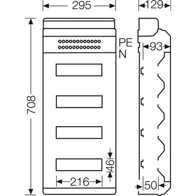 Technische Zeichnung eines rechteckigen Gerätes, zeigt Vorder- und Seitenansicht. Maße: Höhe 708 mm, Breite 295 mm, Tiefe 129 mm.