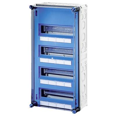 Ein blauer, montierter Sicherungskasten mit mehreren Fächern und einem transparenten Deckel, umgeben von einer weißen Gehäusestruktur.