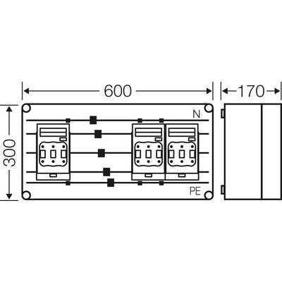 Schaltplandiagramm eines rechteckigen elektrischen Geräts mit drei installierten Komponenten. Maße: 600 x 300 x 170 mm.
