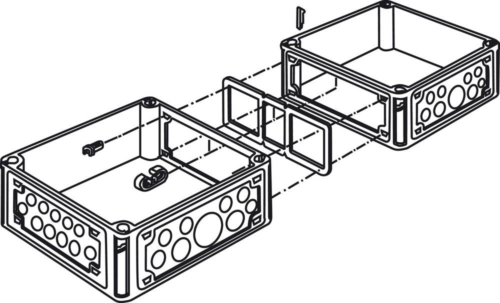 Explosionszeichnung eines elektronischen Gehäuses mit abnehmbaren Teilen, Verschraubungen und Verbindungen. Zeigt Montageschritte.