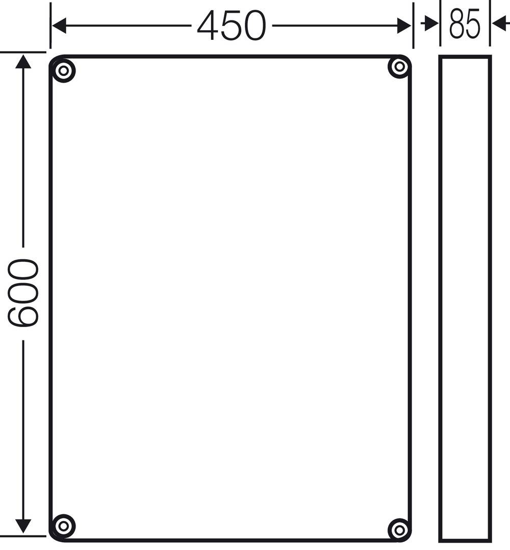 'Technische Zeichnung eines rechteckigen Objekts mit den Maßen 450 x 600 x 85 mm. Schraublöcher sichtbar.'