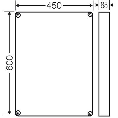 'Technische Zeichnung eines rechteckigen Objekts mit den Maßen 450 x 600 x 85 mm. Schraublöcher sichtbar.'