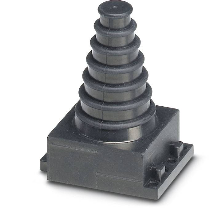Ein schwarzes, stufenförmiges Plastikobjekt mit quadratischer Basis und konischer Spitze, ähnlich einem Wellenfaltenbalg, mit sechs Stufen.