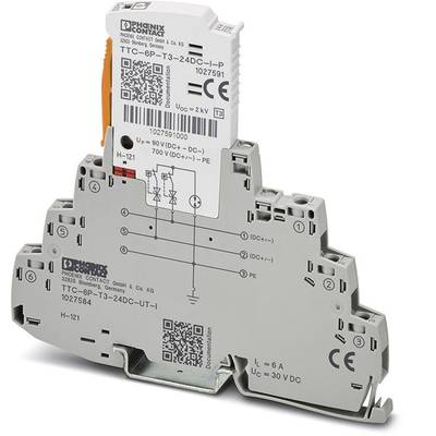 Überspannungsschutzgerät von Phoenix Contact, Modell TTC-6P-T3-24DC-UT; vorderseitig QR-Code und technische Spezifikationen.