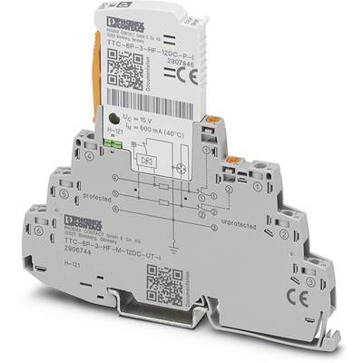 Ein modulares elektronisches Bauteil auf einer DIN-Schiene montiert. Es zeigt technische Kennzeichnungen und QR-Codes.