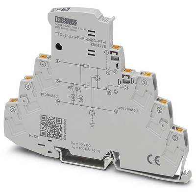 DIN-Schienenmodul von Phoenix Contact mit Schutzschaltung und Beschriftung 'protected' und 'unprotected'. Verwendet für elektrische Anlagen.