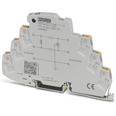 U-förmiges Überspannungsschutzgerät von Phoenix Contact mit Anschlussklemmen, Schaltplan und CE-Kennzeichnung; verwendet für Gleichstromsysteme.