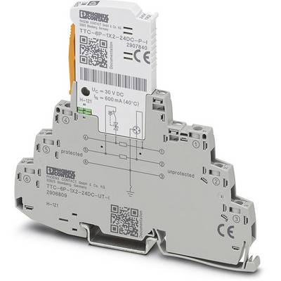 Ein graues Elektronikmodul mit Aufschrift 'Phoenix Contact'. Rechteckige Form mit mehreren Steckverbindungen und QR-Codes.