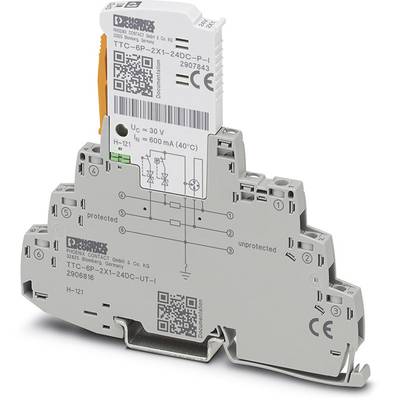 Ein kompaktes elektronisches Gerät mit aufgedrucktem Schaltplan und QR-Codes, geeignet für die Montage auf DIN-Schienen.