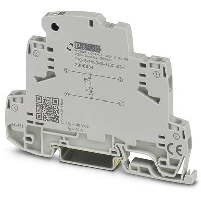 Ein graues Hutschienengerät von Phoenix Contact mit technischer Beschriftung und QR-Code. Modell TTC-6-TD-5-D-24DC-UT-I, 32V DC, 10A.