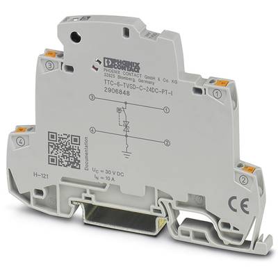 Ein graues, elektrisches Reihenklemmen-Modul von Phoenix Contact, Modell TTC-6-TVD-C-24DC-PT-1, mit Schaltplandiagramm und QR-Code.