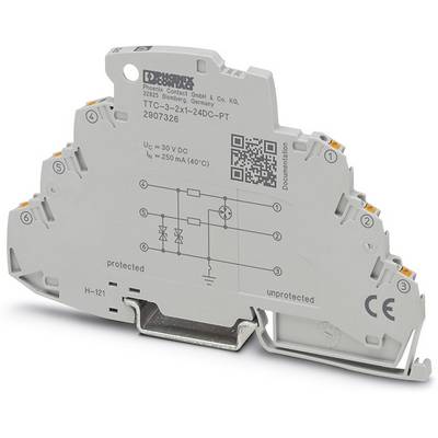 'Überspannungsschutzgerät für Hutschiene, Modell TTG-3x21-24DC-PT von Phoenix Contact. Schutz bis 30 V DC, 250 mA.'