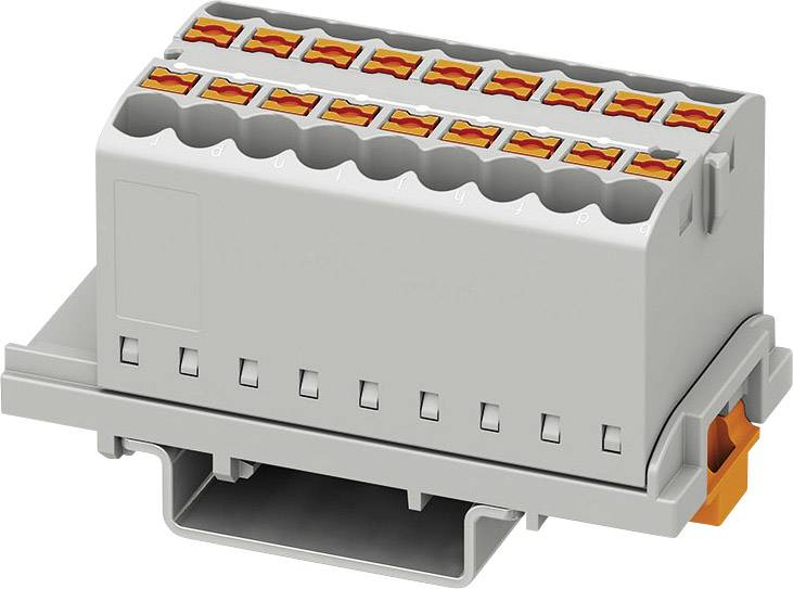 Grauer elektrischer Steckverbinder mit orangefarbenen Clips. Verwendet für die Verbindung von elektrischen Leitungen in Installationen.