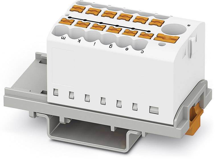 Ein weißer elektrischer Steckverbinder auf einer grauen Halterung mit orangefarbenen Hebeln, geeignet für Drahtmontage.