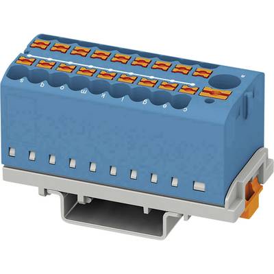 Blauer, rechteckiger elektrischer Steckverbinder mit mehreren Anschlüssen und orangefarbenen Klemmen. Montiert auf grauer Basis.
