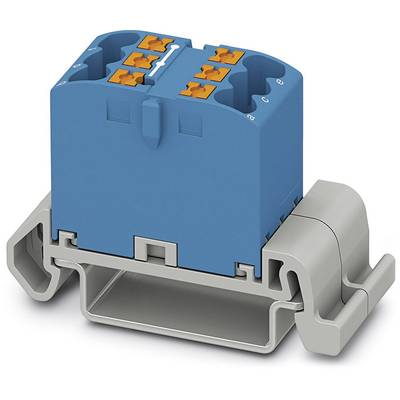 Eine blaue und graue Klemmenleiste auf einer Hutschiene, geeignet für elektrische Verdrahtung mit mehreren Anschlussmöglichkeiten.
