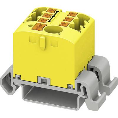 Gelbes, rechteckiges elektrisches Bauteil mit mehreren orangefarbenen Anschlussklemmen, montiert auf grauem Träger.
