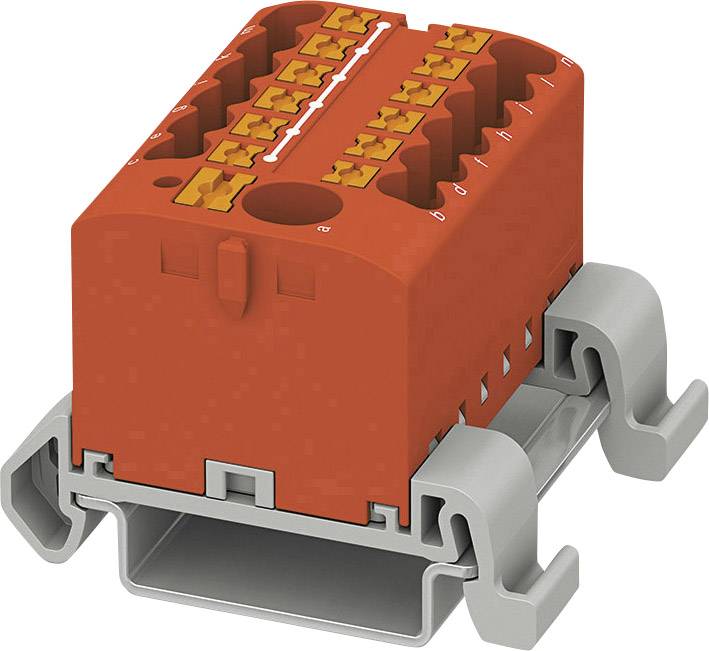 Ein roter elektrischer Steckverbinder auf einer grauen Halterung, geeignet für mehrere Drahtanschlüsse in elektrischen Anlagen.