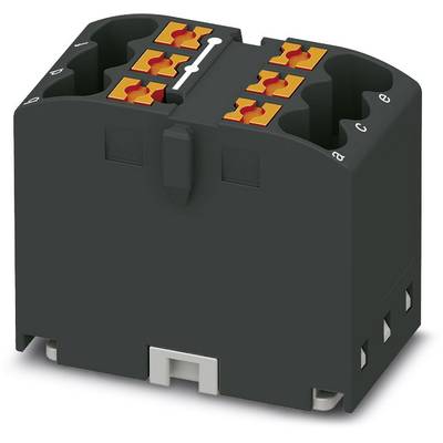 Schwarze Steckdosenleiste mit orangefarbenen Klemmen. Geeignet zum Verkabeln von elektrischen Geräten.