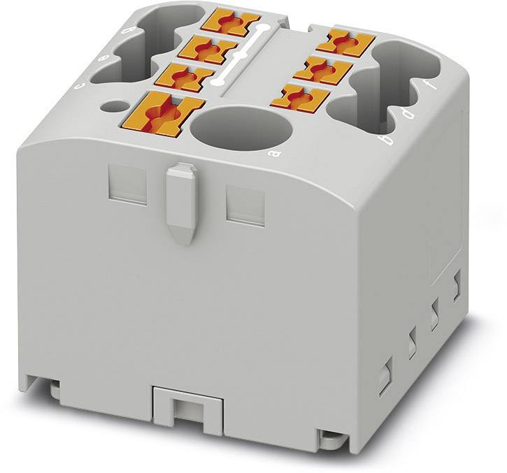 Graues elektrisches Anschlussmodul mit mehreren orangefarbenen Steckverbindungen oben, geeignet für die Verdrahtung von elektrischen Schaltkästen.
