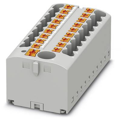 Ein grauer elektrischer Verbindungsblock mit orangefarbenen Klemmen, geeignet für die Montage von Drähten in einem Schaltschrank.