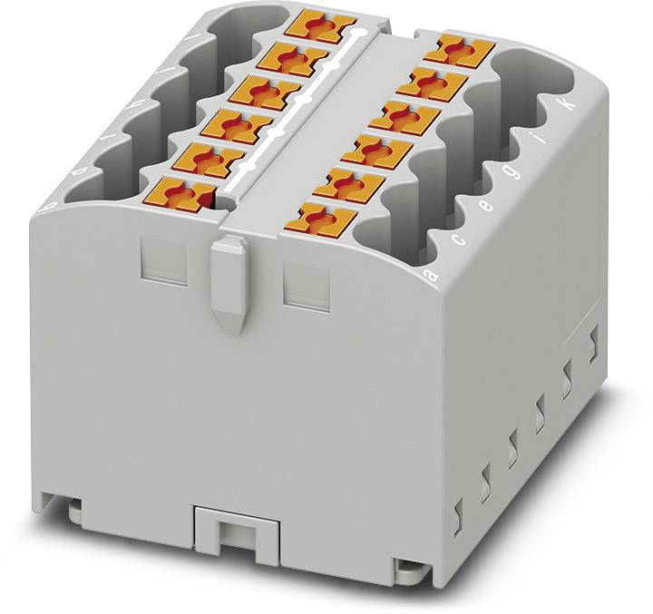 Graues elektrisches Verbindungselement mit mehreren Eingängen und orangen Klemmen, verwendet zur sicheren Kabelverbindung bei Installationen.
