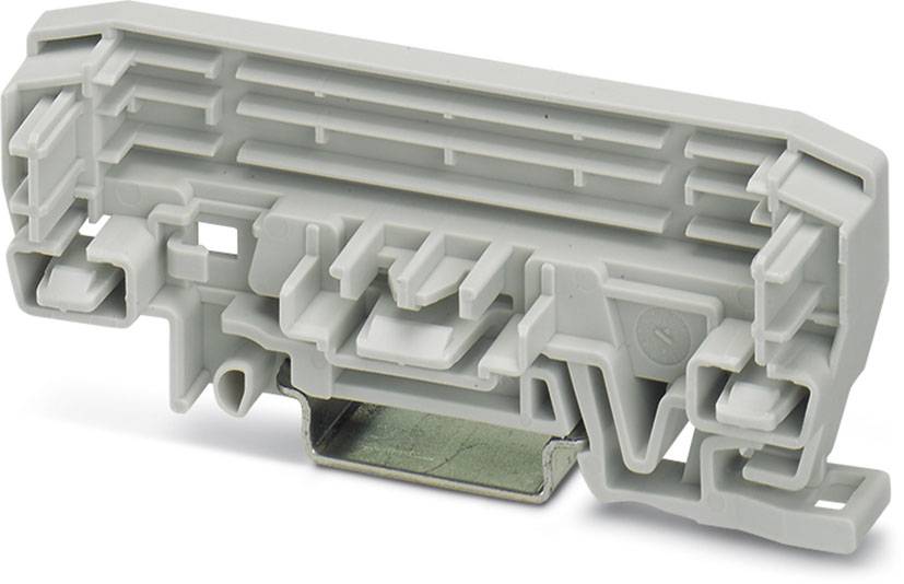 Graues Kunststoff-Gehäuseteil mit komplexen Strukturen, einschließlich verschiedener Halterungen und einem Metallclip an der Unterseite.