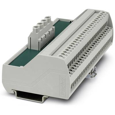 Ein grauer Reihenklemmenblock mit nummerierten Anschlüssen und einem grünen isolierten Sockel, geeignet für elektrische Verdrahtung.