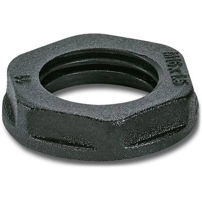 Schwarze Sechskantmutter aus Metall, flach liegend. Verwendet zum Befestigen von Bolzen oder Schrauben.