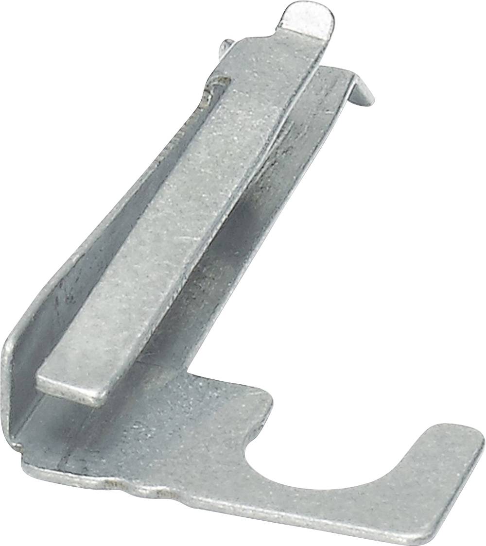 Metallische Federklemme oder Halterung mit gehaktem Sockel, isoliert auf weißem Hintergrund dargestellt.