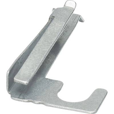 Metallische Federklemme oder Halterung mit gehaktem Sockel, isoliert auf weißem Hintergrund dargestellt.