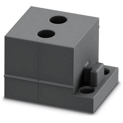 Schwarzes, rechteckiges Kunststoffteil mit zwei Löchern oben und einem kleinen Haken an der Seite, möglicherweise ein Montagehalter.