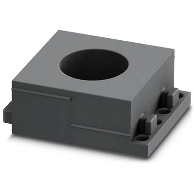 Graues Kunststoffteil mit quadratischer Grundfläche und zentraler runder Öffnung, möglicherweise zur mechanischen Befestigung.