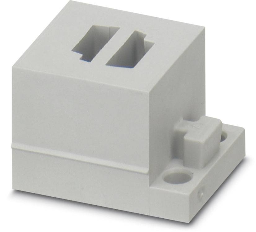 Einzelnes graues, rechteckiges Bauelement mit zwei Öffnungen und Befestigungsbohrungen. Häufig für elektrische Verbindungen verwendet.
