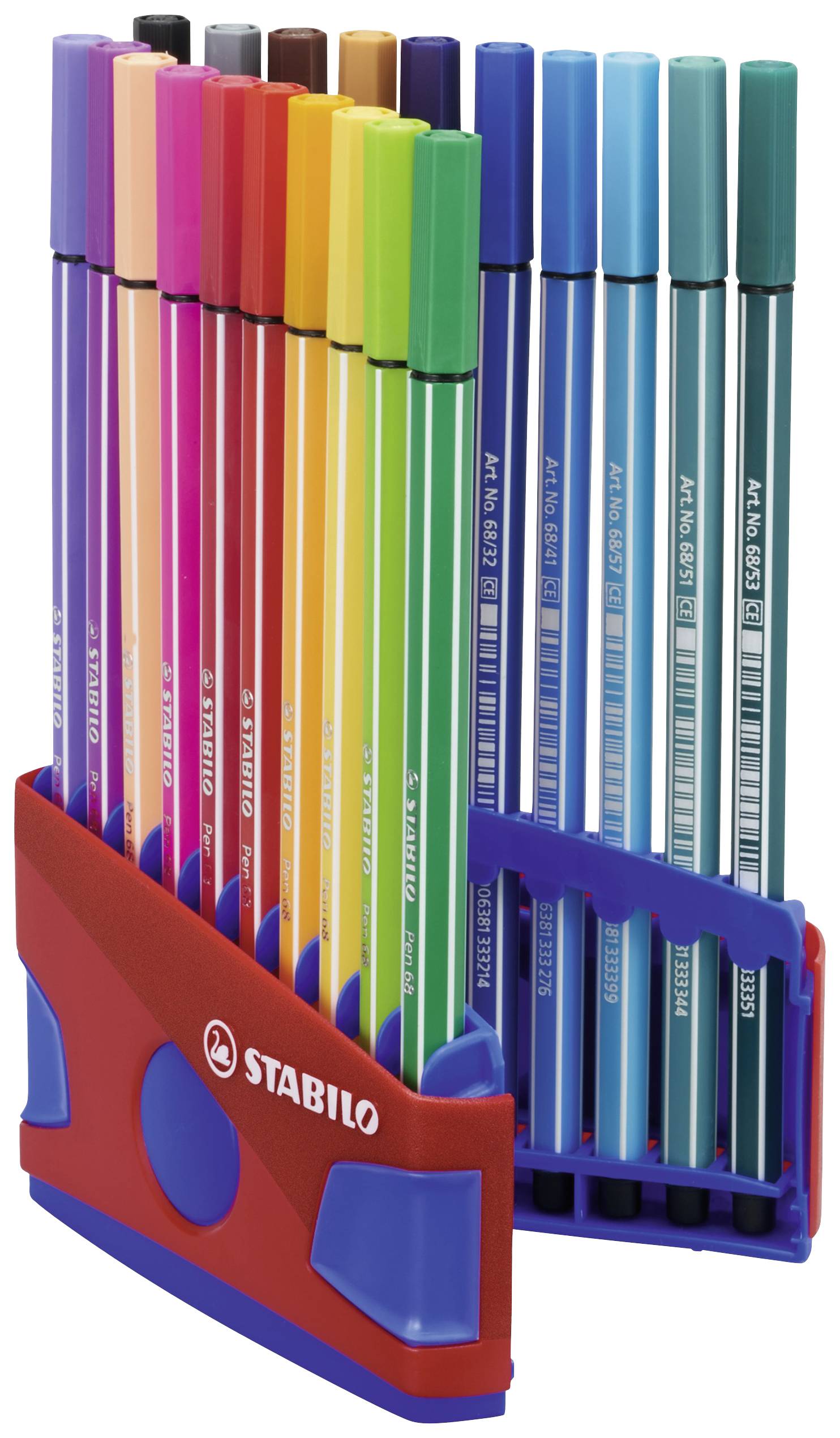 Ein Set von bunten STABILO Filzstiften in einem Stifthalter, sortiert nach Farben von Gelb über Rot bis Blau und Grün.