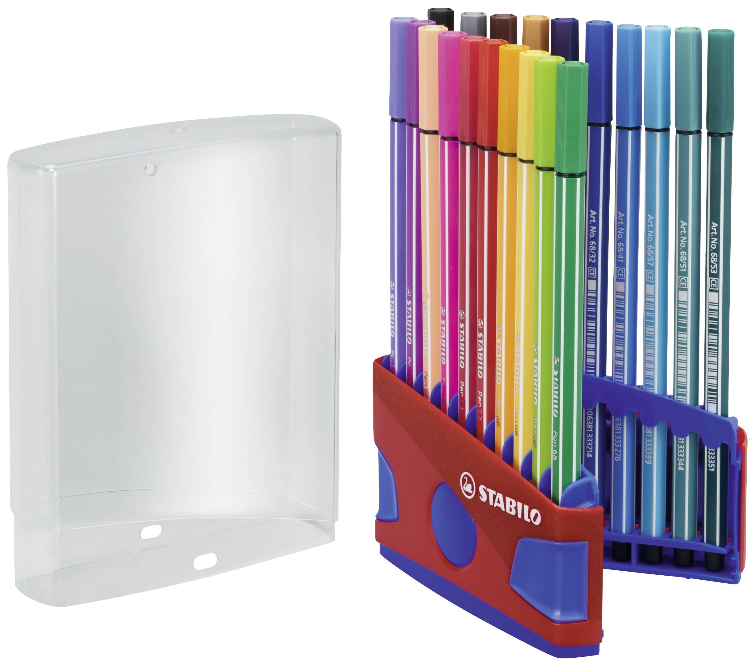 Ein Set von 15 bunten Fineliner-Stiften steht in einem roten Stifthalter. Daneben befindet sich eine durchsichtige Abdeckung.