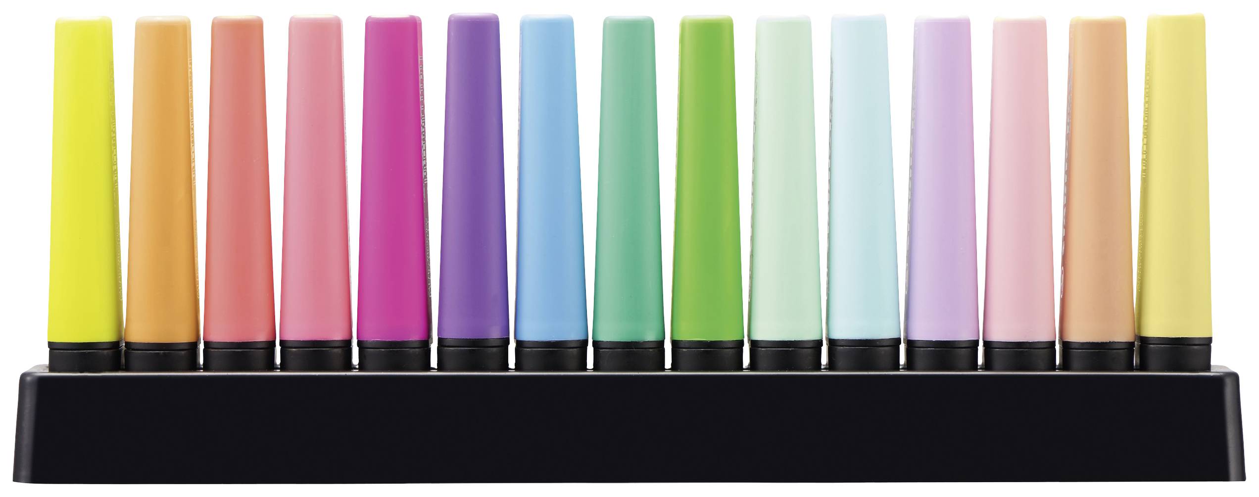 Eine Reihe von 15 verschiedenfarbigen Filzstiften in einem schwarzen Halter, geordnet in den Farben Gelb, Orange, Rot, Pink, Blau, Grün und Lila.