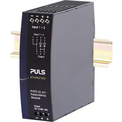 Ein schwarzes Puls PIANO PIRD 20.241 Redundanzmodul befestigt an einer DIN-Schiene, geeignet für DC 12-28V und 20A.