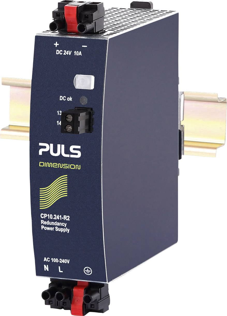Stromversorgungseinheit von PULS auf DIN-Schiene montiert. Typ: CP10.241-R2. Eingang AC 100-240V, Ausgang DC 24V 10A.