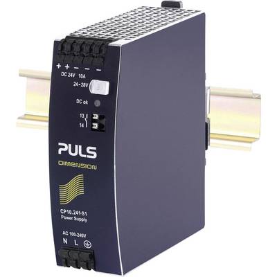 Ein Schaltnetzteil der Marke PULS, Modell CP10.241-S1, montiert auf einer DIN-Schiene, geeignet für 24 V DC mit 10 A Ausgangsstrom.