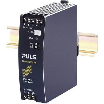 Ein schwarzes Netzteil auf Hutschiene montiert. Aufschrift: 'PULS DIMENSION'. Anzeigeleuchten für DC-Spannung und Status.