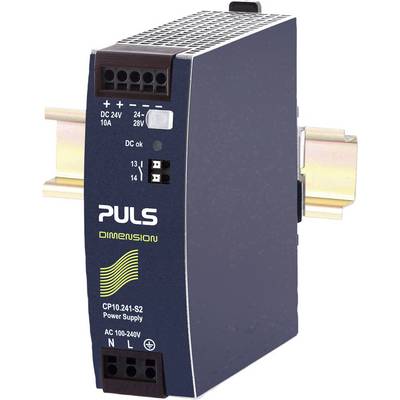 Ein schwarzes Netzteil von PULS mit Modellnummer CP10.241-S2, angebracht an einer DIN-Schiene. Bietet DC 24V, 10A Ausgang.