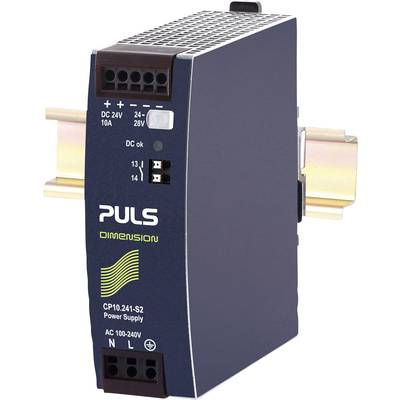 Ein Netzteil der Marke Puls, Modell CP10.241-S2, auf einer Hutschiene montiert. Es bietet einen Ausgang von 24V und 10A.