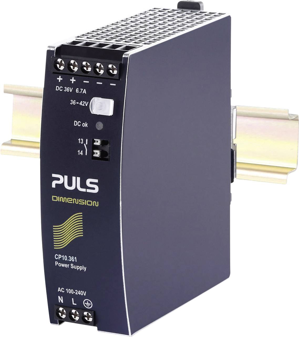 Ein schwarzes Hutschienen-Netzteil mit der Aufschrift 'PULS Dimension', Modell CP10.361, liefert Gleichstrom 36–42V bei 6,7A.