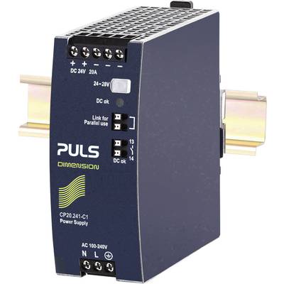 'Puls Dimension CP20.241-C1' Netzteil, montiert auf DIN-Schiene. Eingang 100-240V AC, Ausgang 24-28V DC, 20A. Kompakte Bauweise.