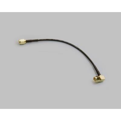 'Koaxialkabel mit zwei goldenen Steckverbindern, einer geraden und einer abgewinkelten. Dient zur Verbindung von elektronischen Geräten.'