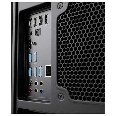 Nahaufnahme der Rückseite eines Desktop-Computer-Gehäuses mit USB-Anschlüssen, Audiobuchsen, Ethernet-Anschluss und einem Belüftungsgitter.
