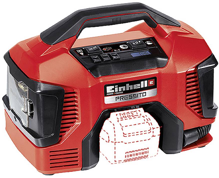 'Roter Einhell Pressito Kompressor', tragbar, mit Anzeigedisplay und Bedienelementen oben, Griff zum einfachen Transport.
